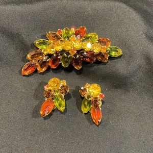 Vintage Juliana Green 1950-60’s Brooch/Clip Earring’s Fall Colors,yellow,orange